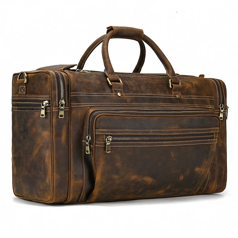 Exlarge Mens Crazy Horse leather Weekend Bag 22" Genuine Leather Travel Duffle Large Vintage Cowhide Zipper Bag Luggage Tote