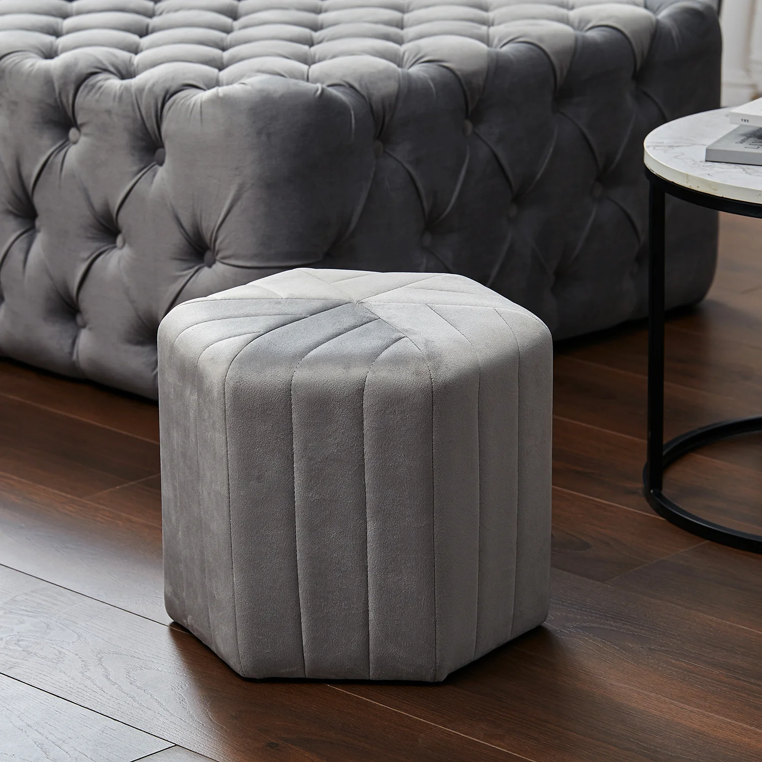 Grey, Simple and Modern Fabric Low Stool, Hexagonal Small Stool, Shoe Changing Stool, Sofa Foot Rest Stool, Cushion Makeup Stool