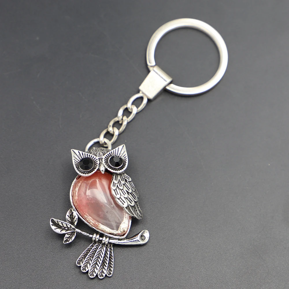 Creative Natural Crystal Original Stone Vintage Owl Keyring Fashion Popular Keychain Pendant Jewelry Accessories 8Pcs Wholesale