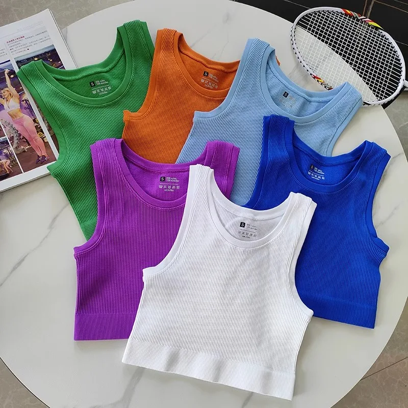 Sexy Women Yoga Gym Sports Vest Fitness Running Crop Top Sleeveless Vest Solid Color Knitted Short Sleeve Gym Yoga Tops Shirt