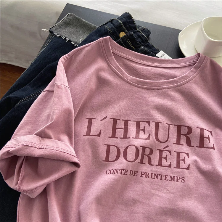 Pink Short Sleeve T-shirt Women's Loose Casual Round Neck Letter Print Thin Top 4