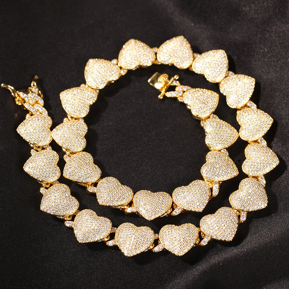 

Heart Shape Zircon Bling Bling Iced Out Brass Chain CZ Necklace Fashion Hip Hop Jewelry BN028