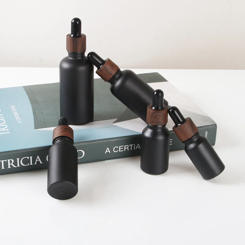 20/30X Frosted Black Bamboo Cap Glass Dropper Bottle Essential Oils 5ml-100ML Glass Dripper Portable Refillable Travel Bottle 3