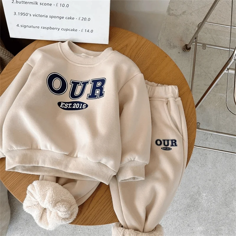 Baby Girl Boy Fleece Inside Clothes Set Hoodie+Pant Child Long Sleeve Clothing Suit Casual Letter Pullover Baby Clothes 18M-7Y