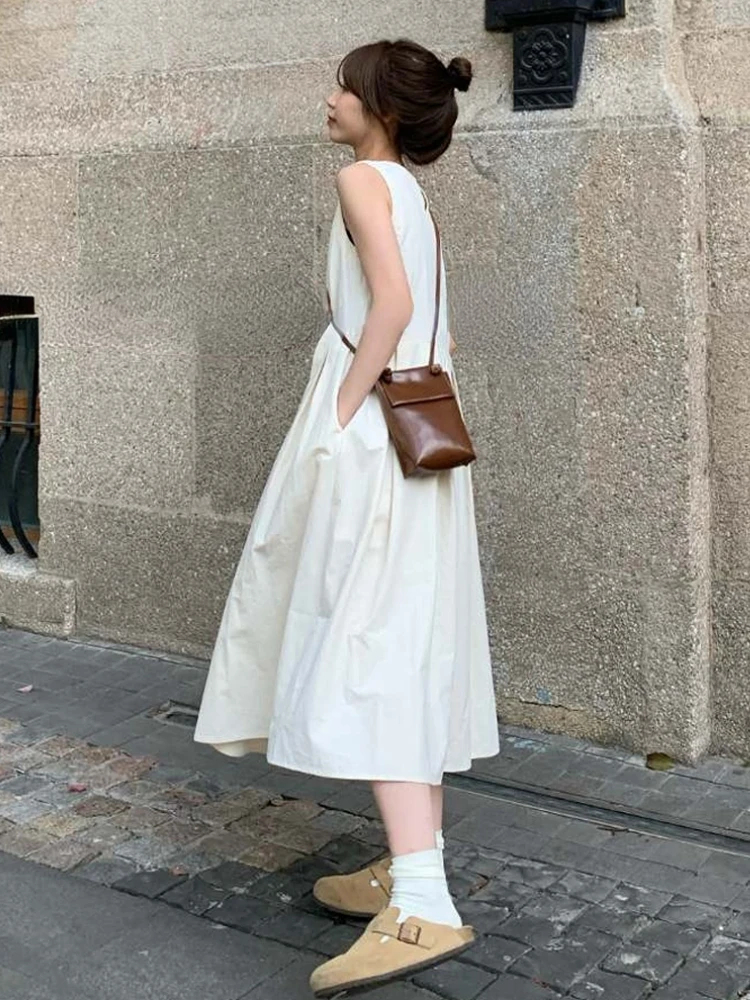2024 Spring Solid Elegant Sundresses French Y2k Dress Korean Fashion O-Neck Midi Dress Office Women Casual Dress with Pockets