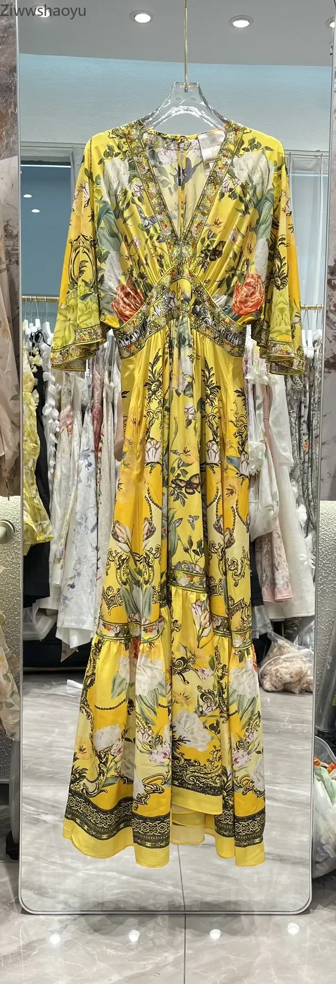

High Quality Autumn Women Fashion Runway Designer 100% Silk Flower Print Beaded V-Neck Casual Half Sleeve Maxi Dress for Holiday