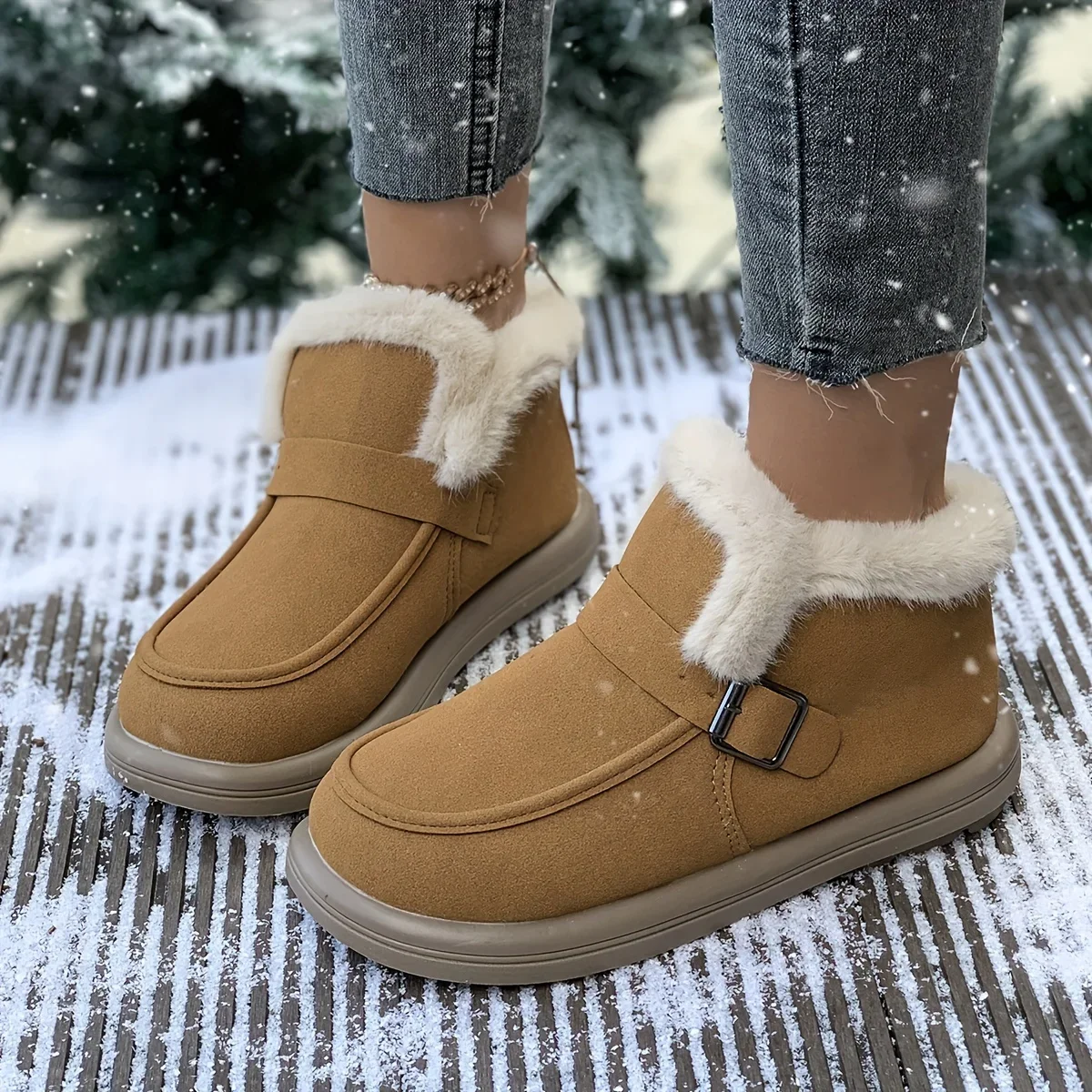 

Women Solid Color Fluffy Flats Buckle Belt Soft Sole Platform Thermal Lined Shoes Non-slip Winter Snow Shoes