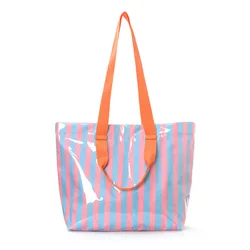 Vibrant Color Block Reusable Waterproof Tote Bag for Shopping and Everyday Use (Blue Pink)