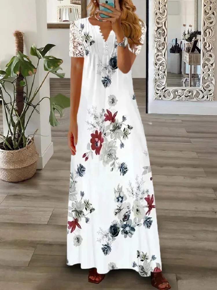 S9c735fb48c444c92b99feaf84b68c865O Spring/Summer Fashion Women's Short Sleeve Printed Lace Dresses Elegant Women's White V-neck Slim Fit Party Long Vestidos S-5XL Mallzona
