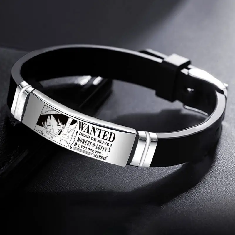 Anime One Piece Personalized Straw Hat Monkey&middot;D&middot;Luffy Bracelet Wanted Stainless Steel Silicone Bracelet Party Accessories