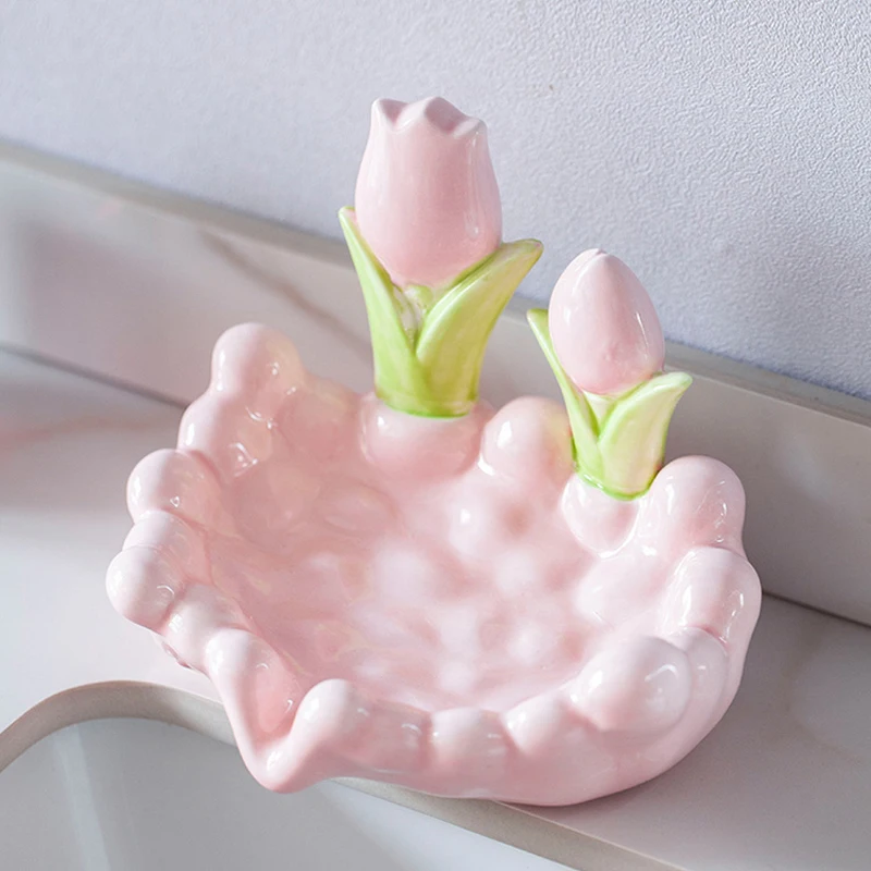 Ceramic Soap Dish Home Bathroom Creative Light Luxury High Beauty Cute Flower Soap Box No Punching Draining Water, Supplies, 1Pc