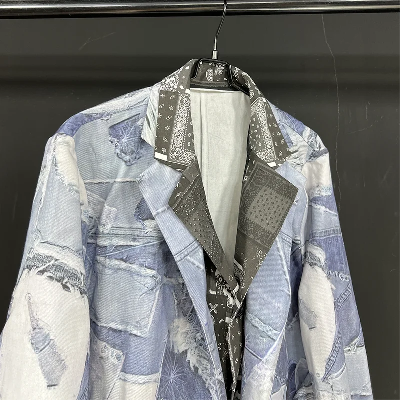 PFHQ Design Denim Printed Fake 2 Pieces Light Blue Casual Suit Loose Suit Autumn Contrast Color Male Blazer 21Z5938