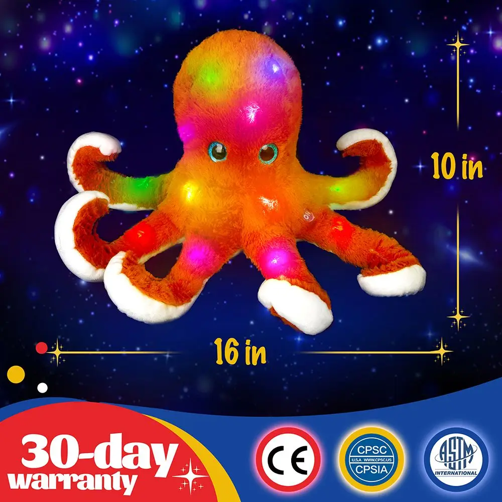 45cm Red Cute Octopus Doll Cotton Plush Toys LED Light Luminous Pillows Glowing Stuffed Animals Musical Gift for Kids Birthdays