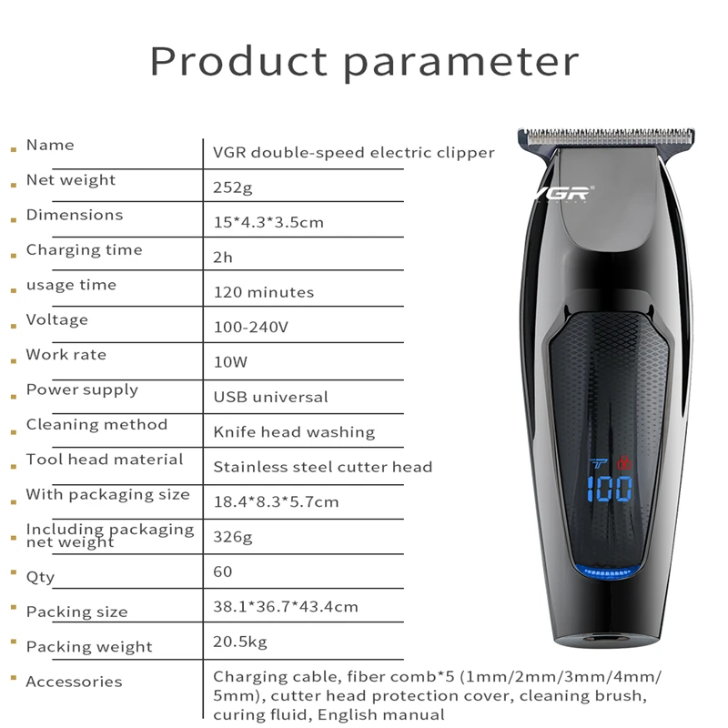 VGR 070 Hair Clipper Professional Personal Care Barber USB Salon Sculpture Haircut LCD Barbershop Chargeable Trimmer VGR V070 5