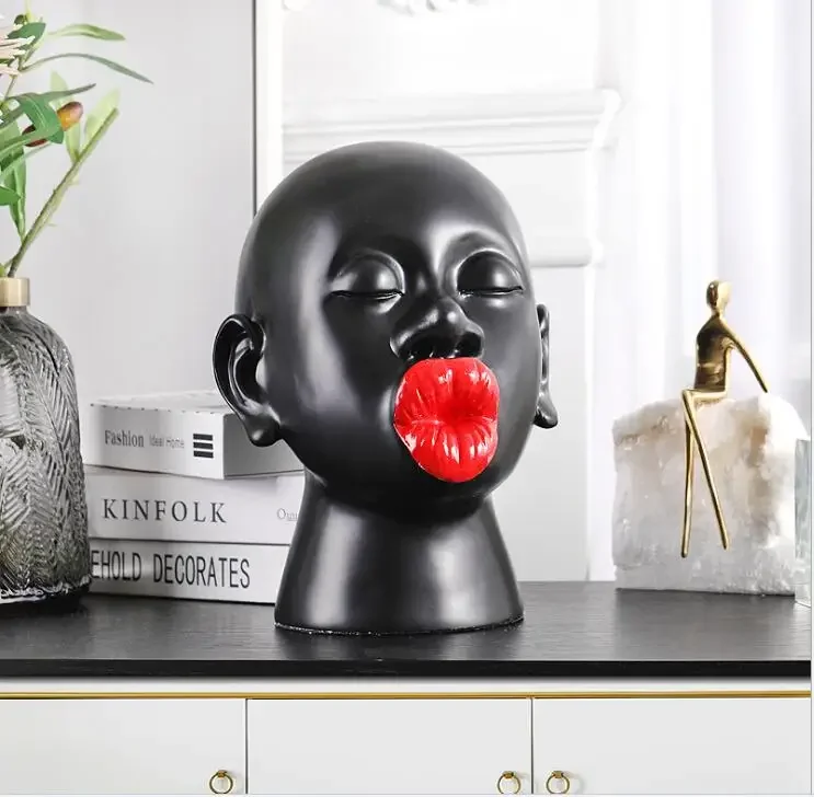 

Nordic Creative Big Red Lips Black Man Resin Sculpture Ornaments Home Livingroom Table Decoration Hotel Office Figurines Crafts