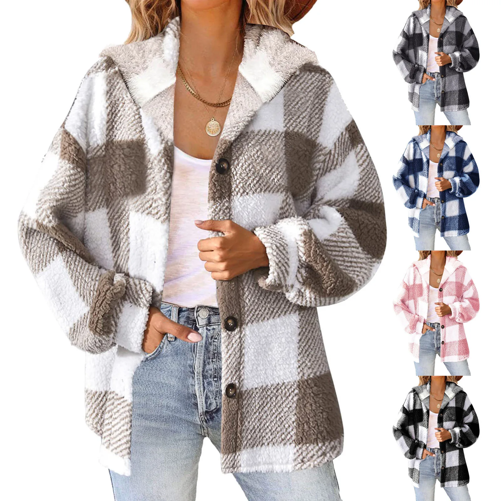 Women Plaid Fleece Hooded Sweatshirt Coat
