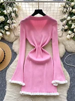 Knitted Dr Women's Autumn High Waist Midi Skirt Sle Wooden  Collar Slimming Beautiful Lady Long Sve Dr - Image 4