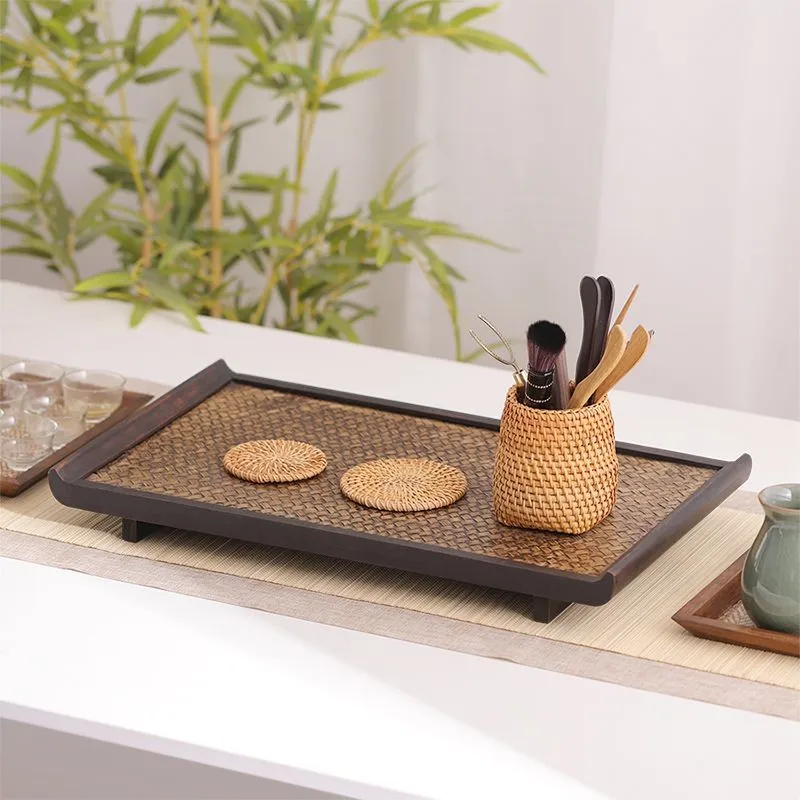 Zen Retro Style Tea Set Storage Tray Retro Tea Tray Household Japanese Style Solid Wood Bamboo Woven Tea Cup Rattan Tray ZE626 2