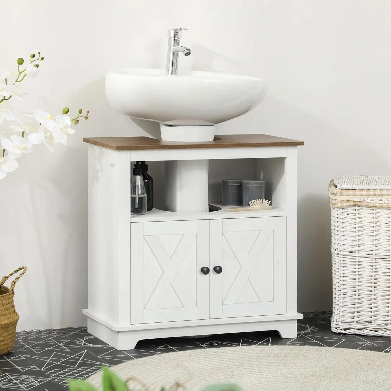 Farmhouse Under Sink Bathroom Cabinet, Pedestal Vanity Storage Cabinet with Double Doors and Storage Shelves, Bathroom Organizer 2