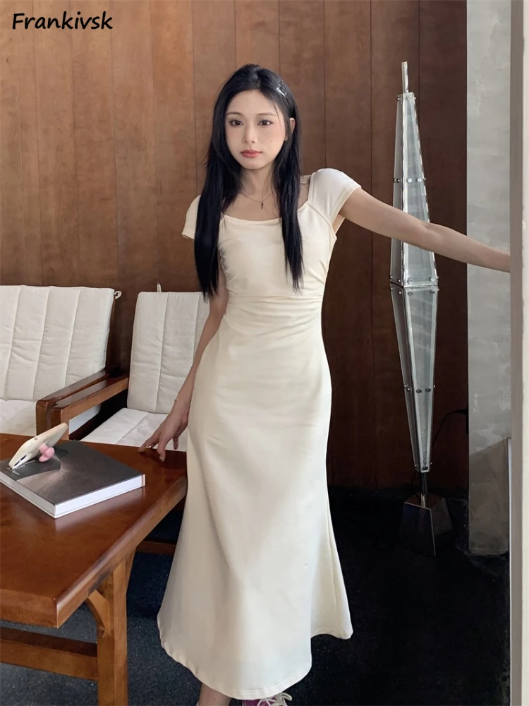 

Dress for Women Elegant Summer Solid Office Lady Leisure High Street Square Collar French Style Tender Bodycon Popular Youthful