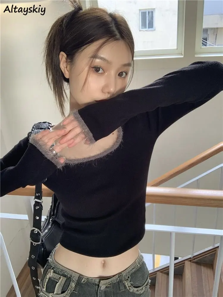 

Pullovers Women Cropped Slim Knitwear Sexy Autumn Long Sleeve Sweaters Casual Vintage Square Collar Korean Females Pulls Mujer