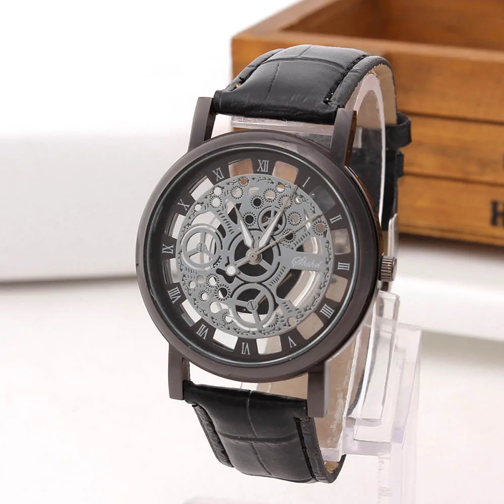 

Mens Luxury Skeleton Watch Business Male Clock Engraving Hollow Stainless Steel Leather Belt Quartz Wristwatches Reloj Hombre