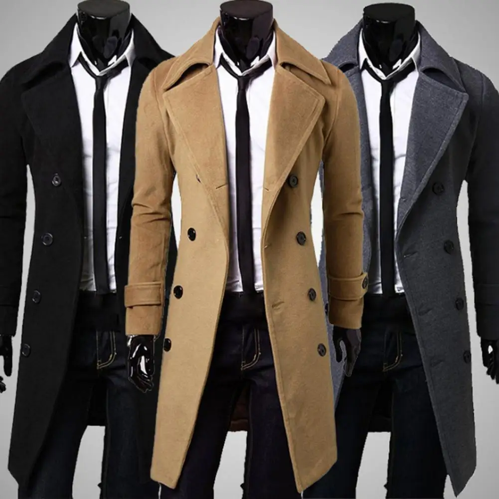 Simple Trench Coat Double-breasted Male Men Coat Coldproof Pure Color Jacket - Image 5