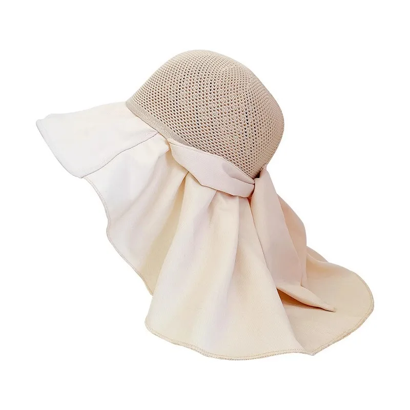 Summer Women Bucket Hat with Shawl Lightweight Breathable Mesh Face Neck Protection Sun Hat Bow Pleat Design Travel Beach Cap