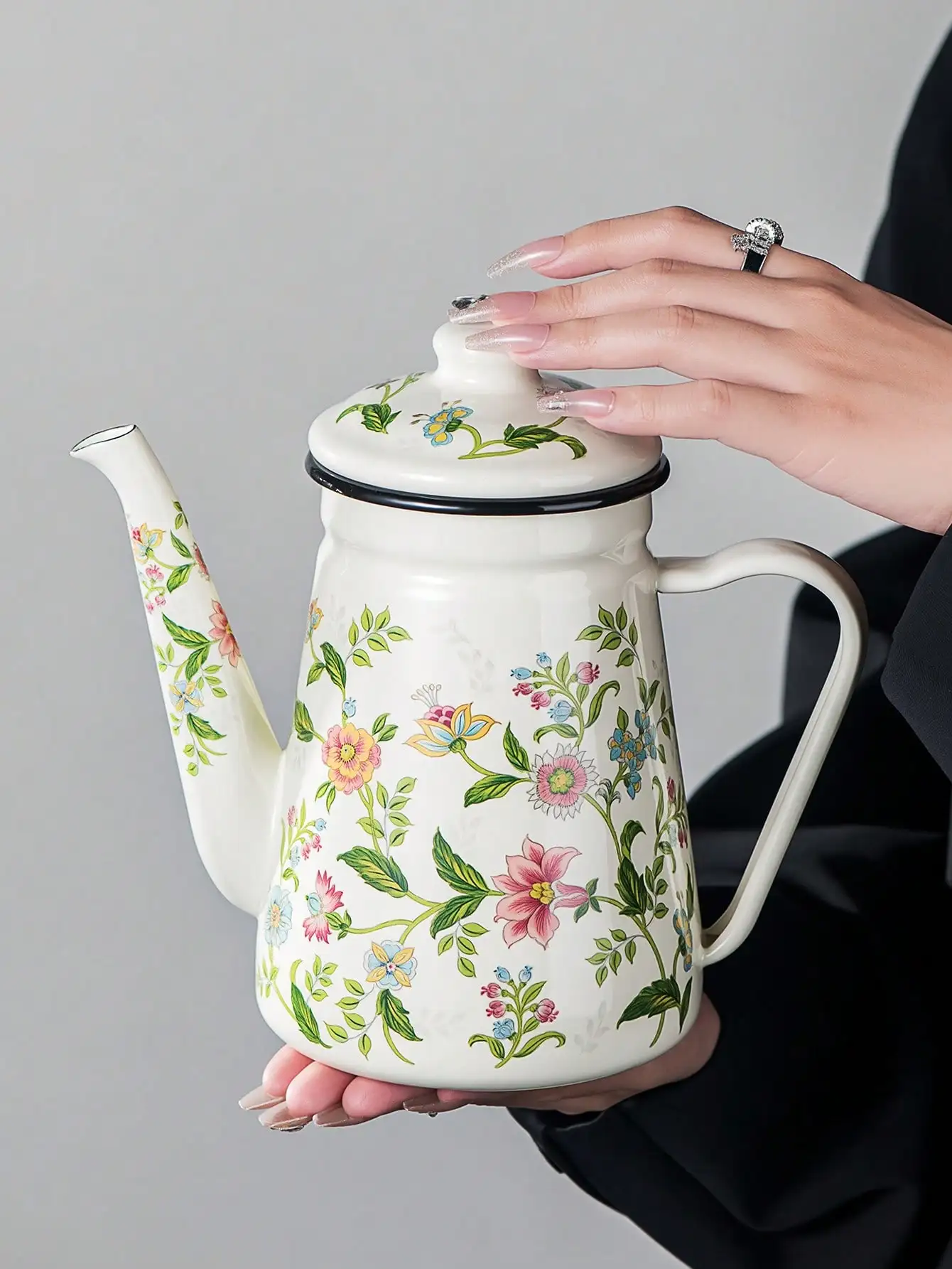 إبريق قهوة عتيق مزين بالزهور بسعة 1.1 لتر، غلاية س...