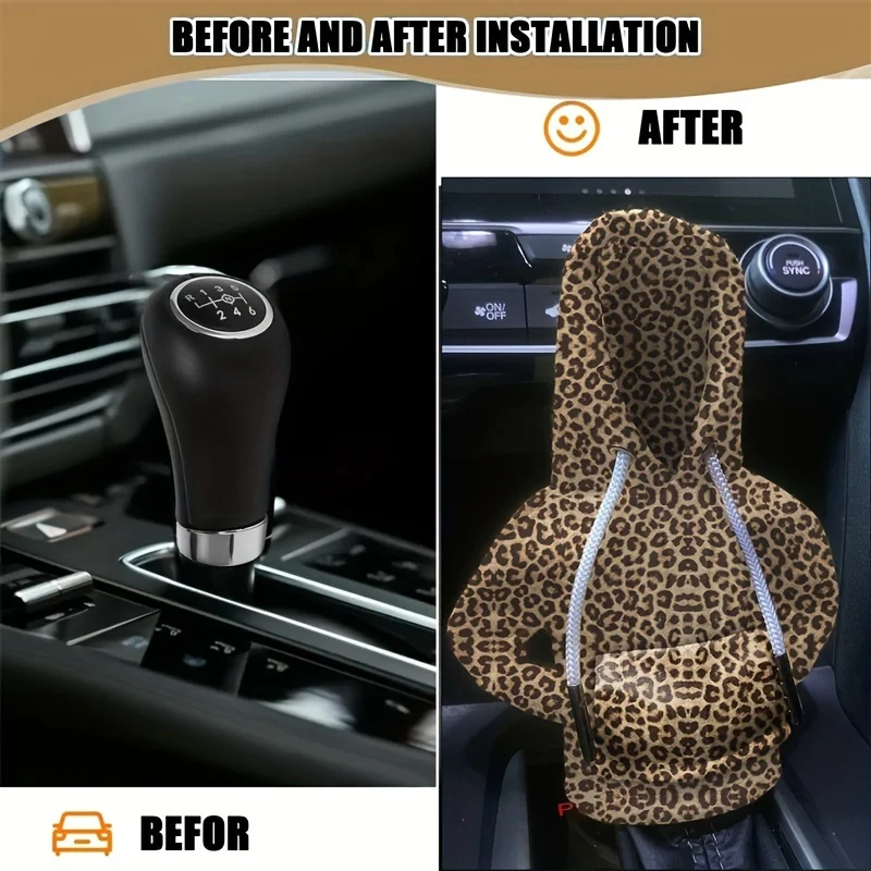 Car Interior Accessories 1 mini cute leopard print sweater with car shift lever gloves, sweater with car shift dust cover, stylish interior
