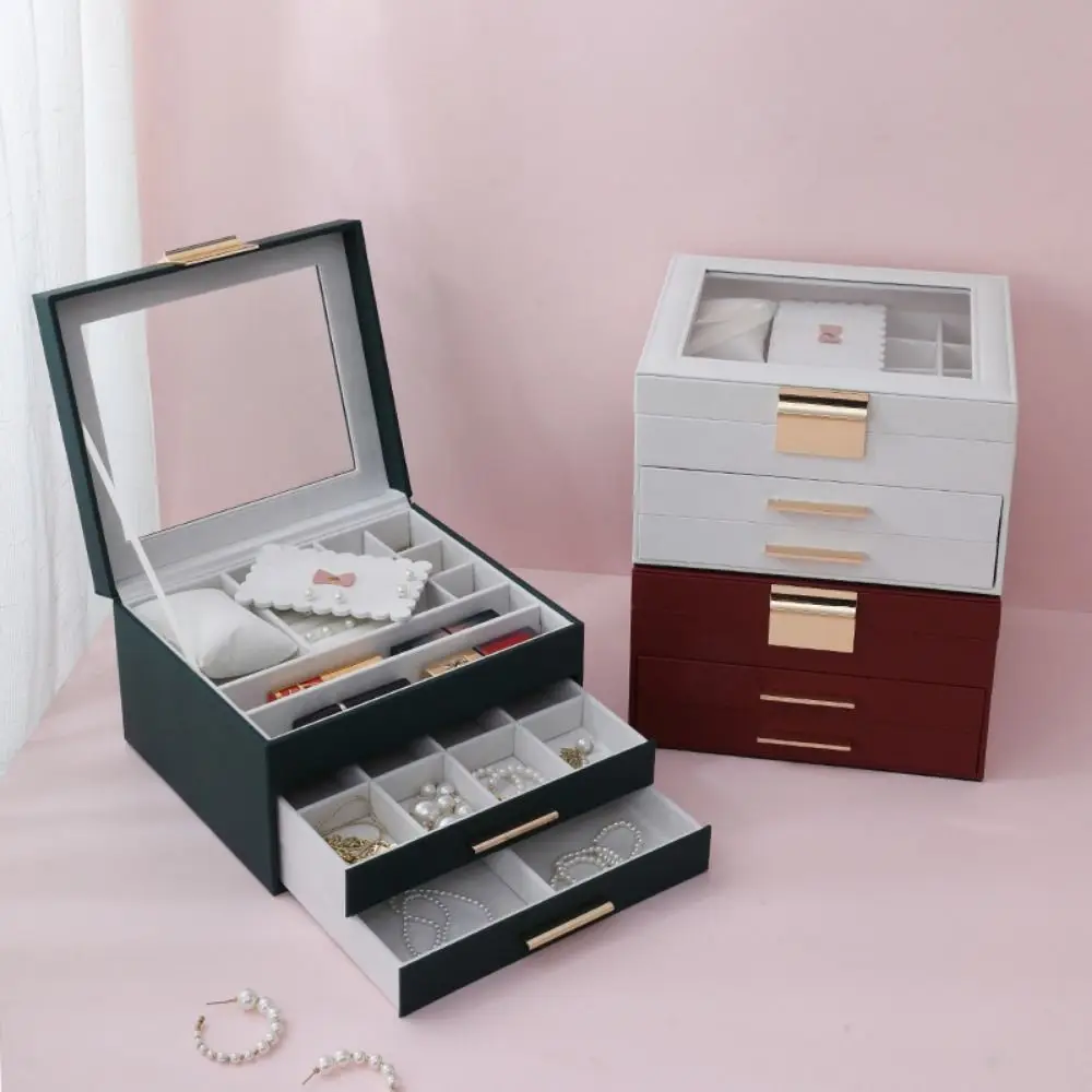 

Glass Lid Jewelry Box Dustproof 2 Drawers Modern Style Jewelry Display Case Colorful 3-Layer Necklace Storage Box Girls