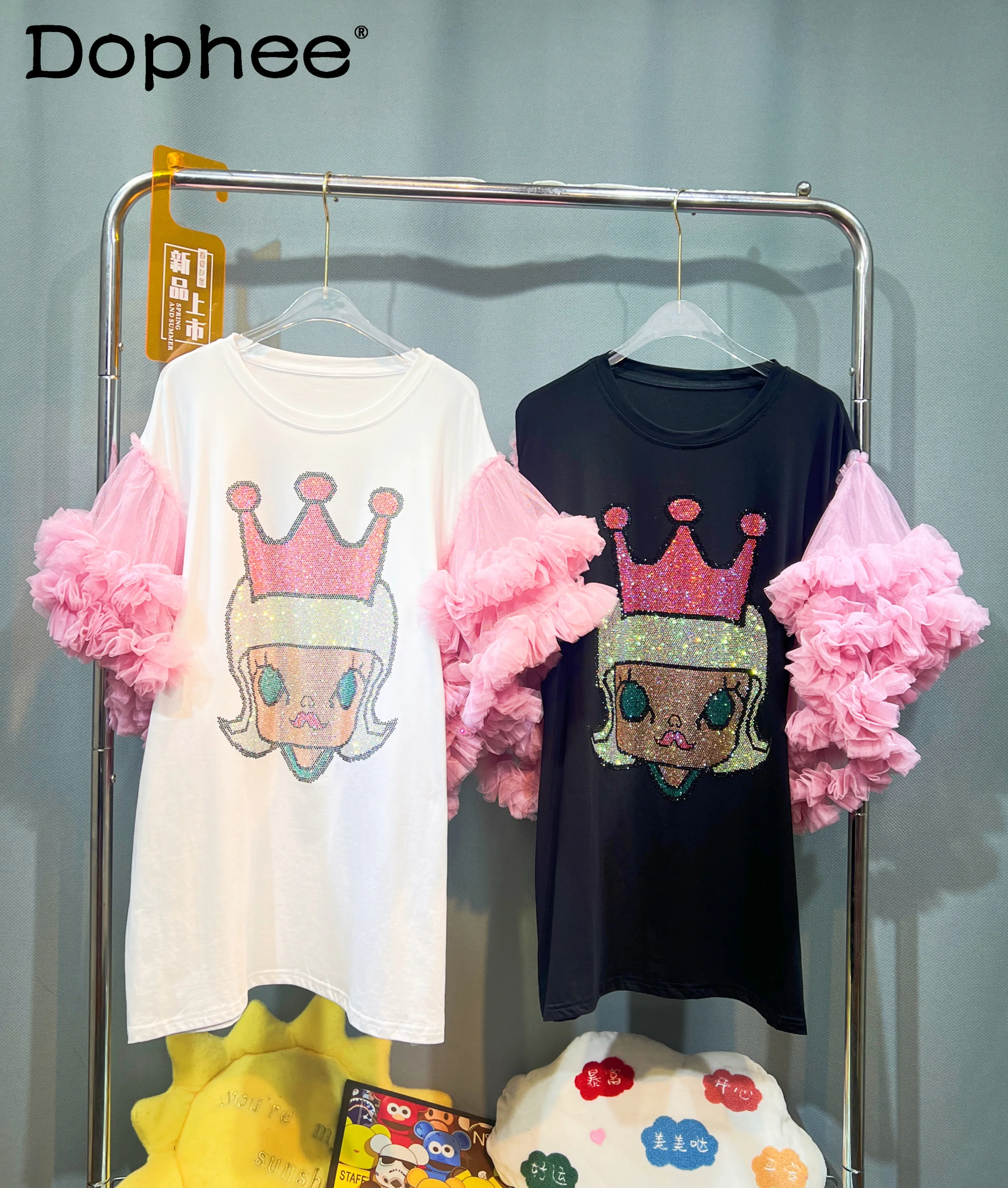 

Fashion Brand Sweet Puff Sleeves Cute Cartoon T-shirt Female 2024 Summer New Rhinestone Heavy Industry Net Yarn Patchwork Top