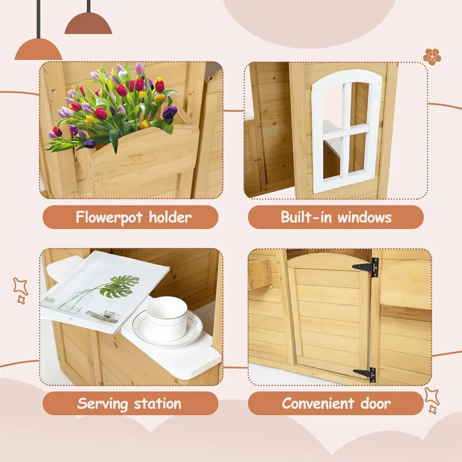 Wooden Playhouse for Kids Outdoor,Kids Playhouse with Working Door, Windows, Mailbox,Flowers Pot Holder & Serving Station,