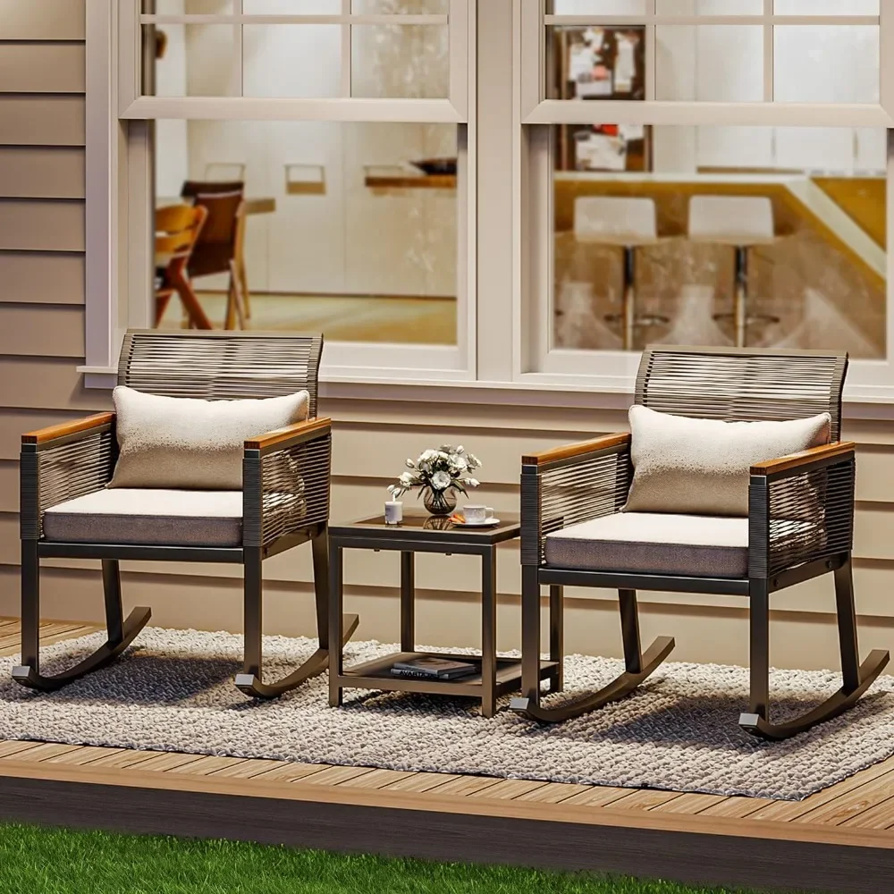 

3-Piece Patio Wicker Rocking Chair Outdoor Conversation Bistro Set with Wood Armrest and Soft Cushions for Balcony,Lawn (Black)