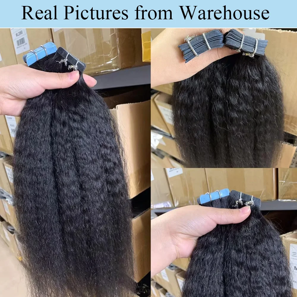 Kinky Straight Tape In Human Hair Extensions Remy Tape in Hair Adhesive Invisible Brazilian Natural Black 12"-26" inches