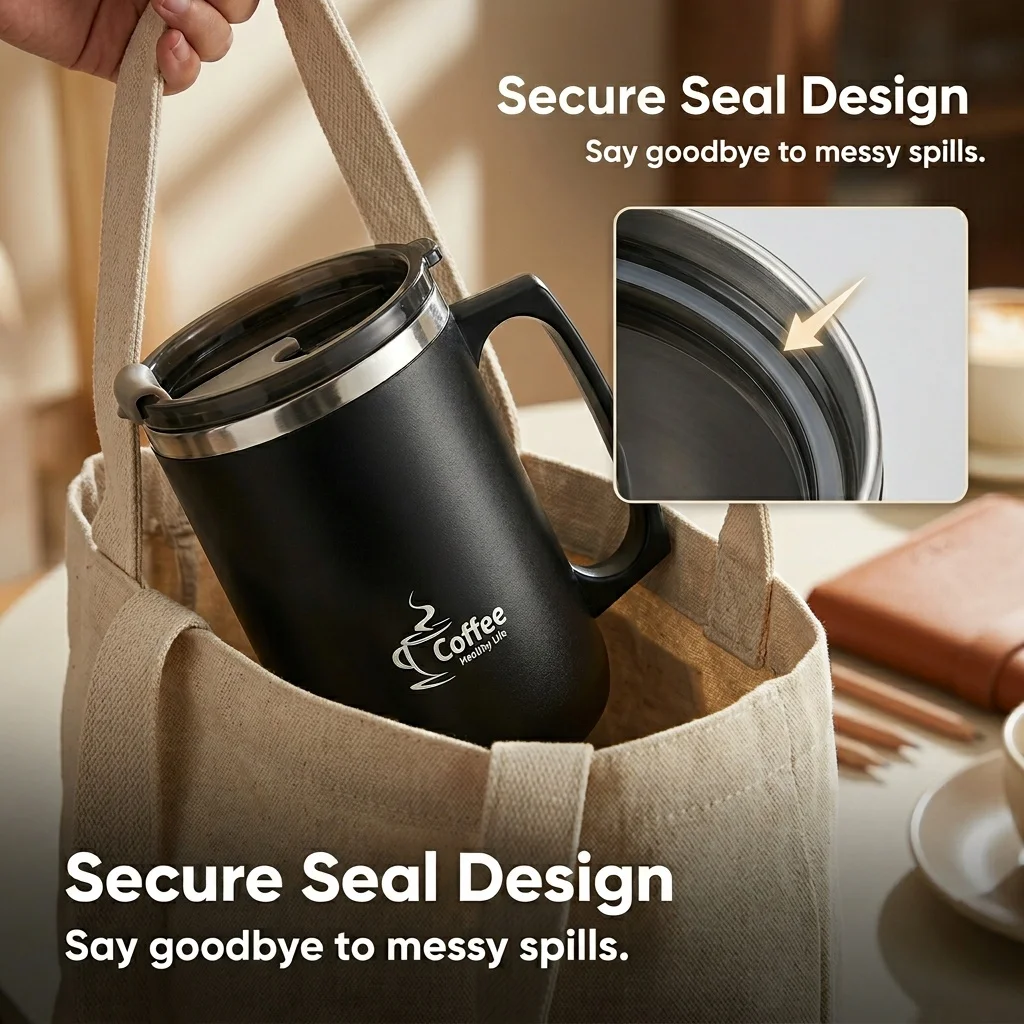 Insulated Stainless Steel Travel Mug with Handle and Leakproof Lid
