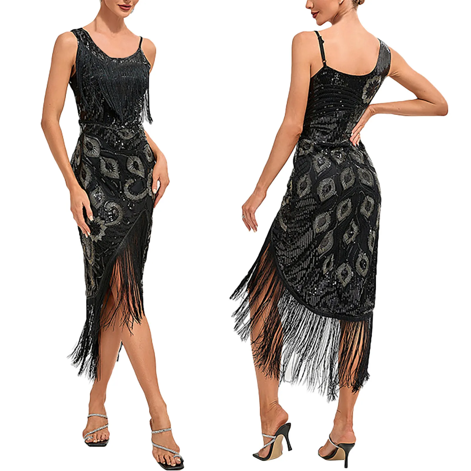 

Women Straps Dress Sleeveless Fringe Dress Solid Color Sequins Dress Square Neck Sexy Style Party Dress One Spaghetti Strap