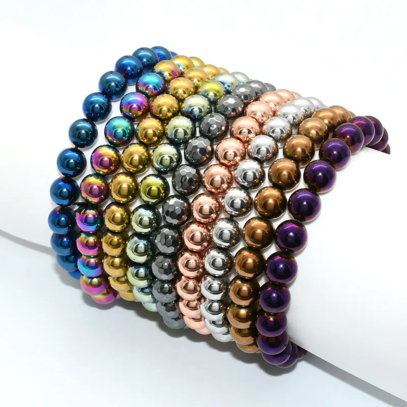 

High Quality Cheap Jewelry Various Colors Plating 8mm Hematite Round Beaded Elastic Bracelet For Men And Women Jewelry