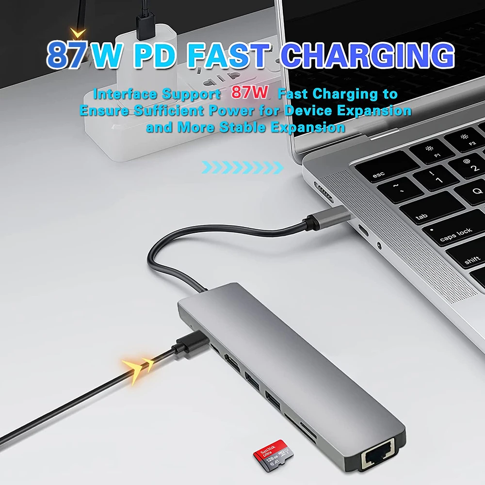 USB C 허브 3.0 USB 분배기, USB 3.0 허브, SD TF OTG 3 Hab, 맥북 에어, 아이패드 프로용, HDMI RJ45 PD 87W 어댑터