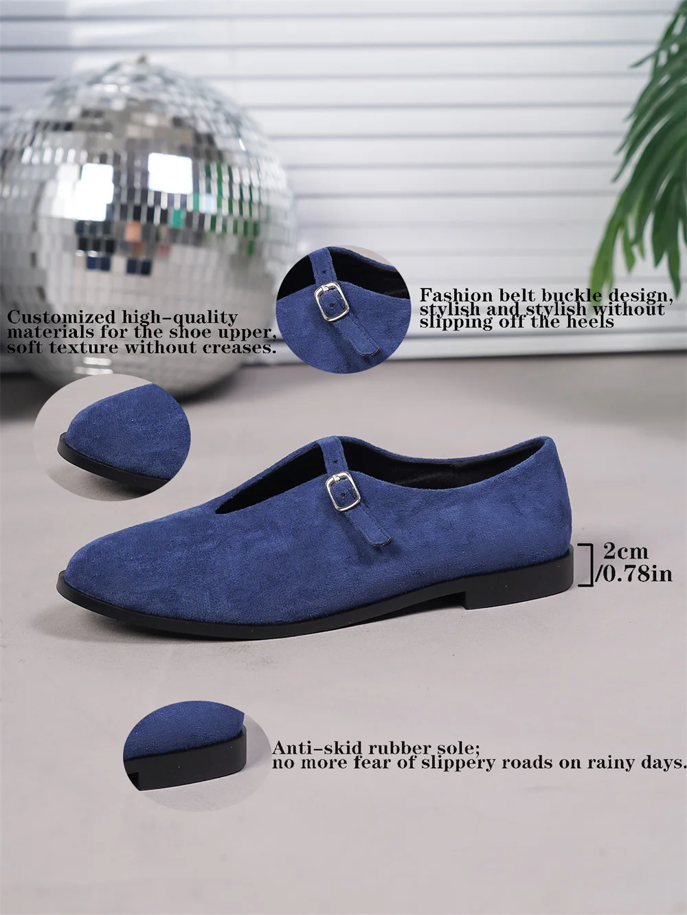 Ballerine blu in flock da donna con cinturini e punta rotonda_voghion.com
