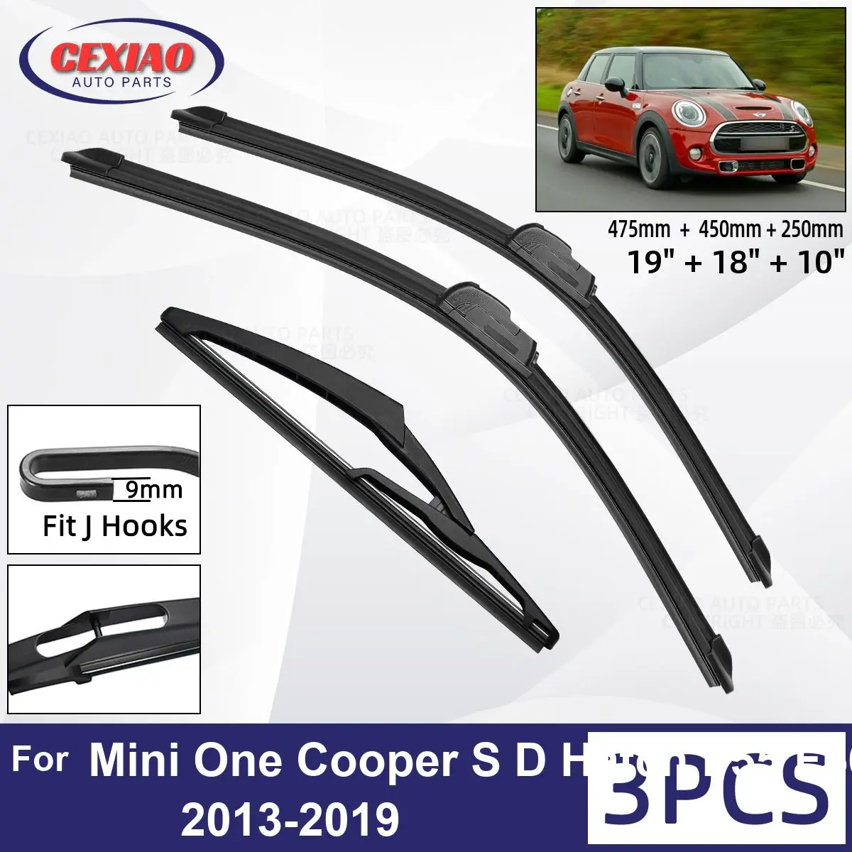 For MINI Mini One Cooper S D Hatch F55 F56 2013 - 2019 Car Front Rear Wiper Blades Windscreen Wipers Auto Windshield 19"+18"+10"