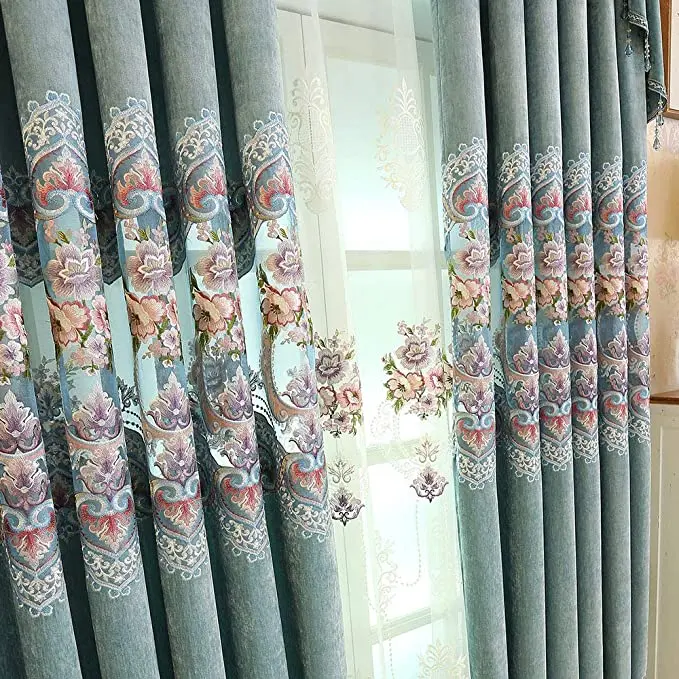 Pink High-end Curtains for Living Room Blue Peony Embroidery Chenille Luxury European Jacquard Floral Window Treatment Drapes 