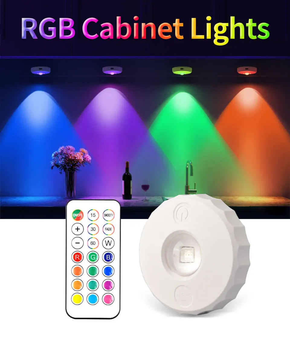 RGB LED Under Cabinet Spotlight Night Light Dimmable Rechargeable with Remote Control For Wireless Display Closet Lighting