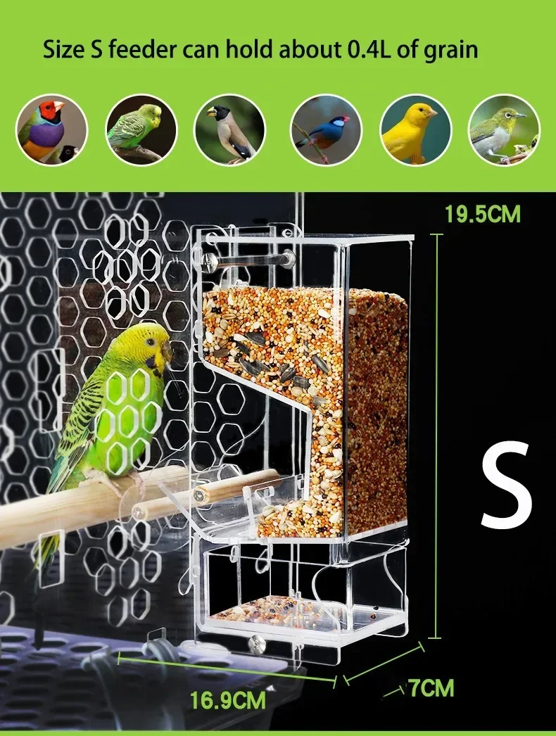 

Feeder Food Acrylic Anti-sprinkle Feeding Cage Clear Automatic Bird Pet Hangable Containers Parrot
