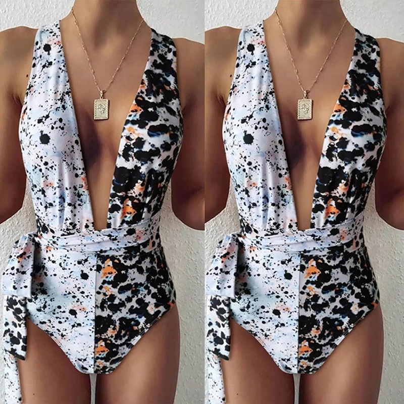 

Bikini Irregular Leopard Dot Inkjet Stitching Sexy One Piece Swimsuit Female Deep V Swimwear Bathing Suit Beach Biquini