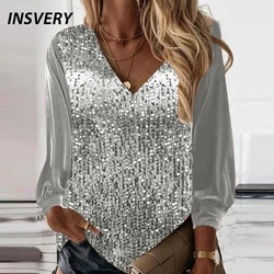 Fashion Women Sequins Sweatshirts V Neck Long Sleeve Blouse Shirt Women Autumn Winter Casual Loose Pullover Tops