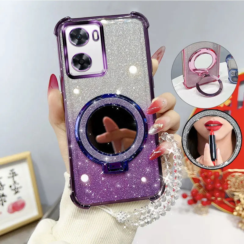 Glitter Shockproof Phone Case with Mirror Stand and Beaded Strap