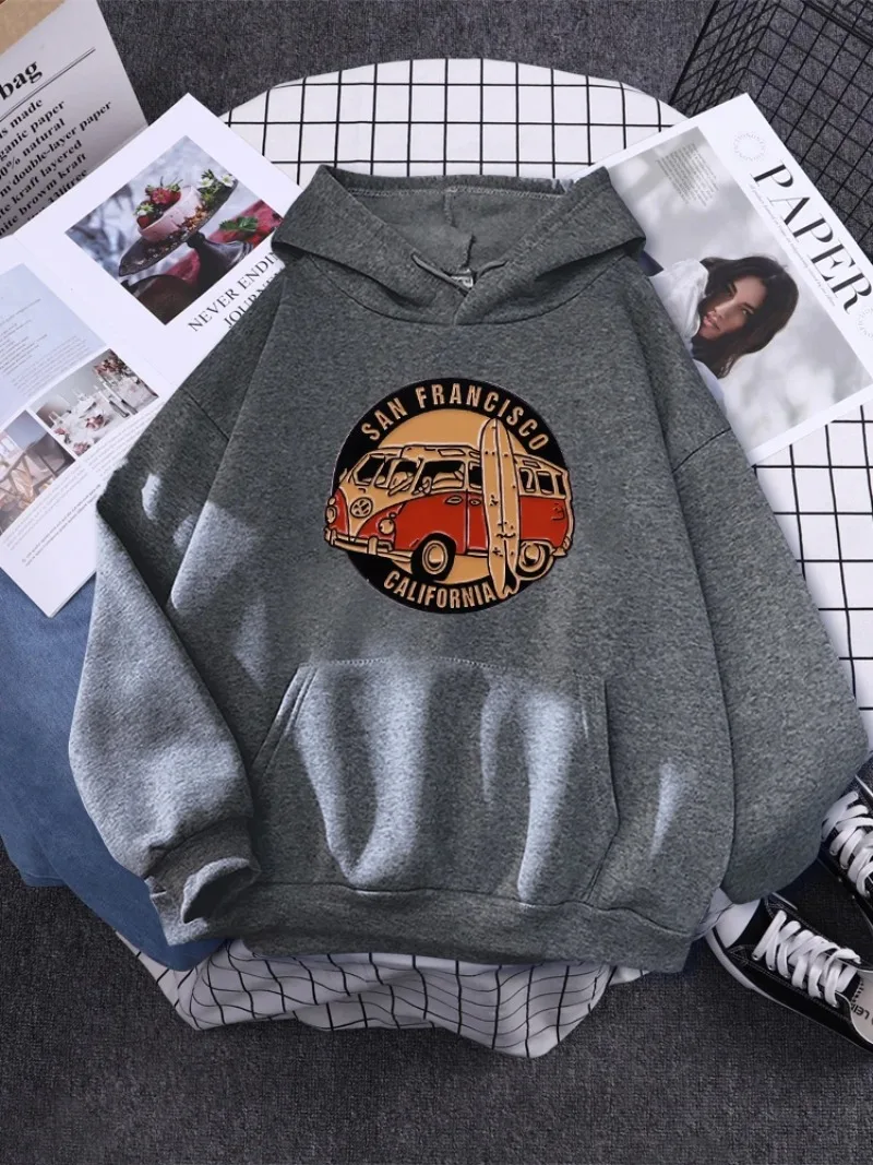 

Women Hooded Fashion Casual Streetwear Aesthetic Warm Pullover Trend Hooded Clothes San Francisco California Vintage School Bus