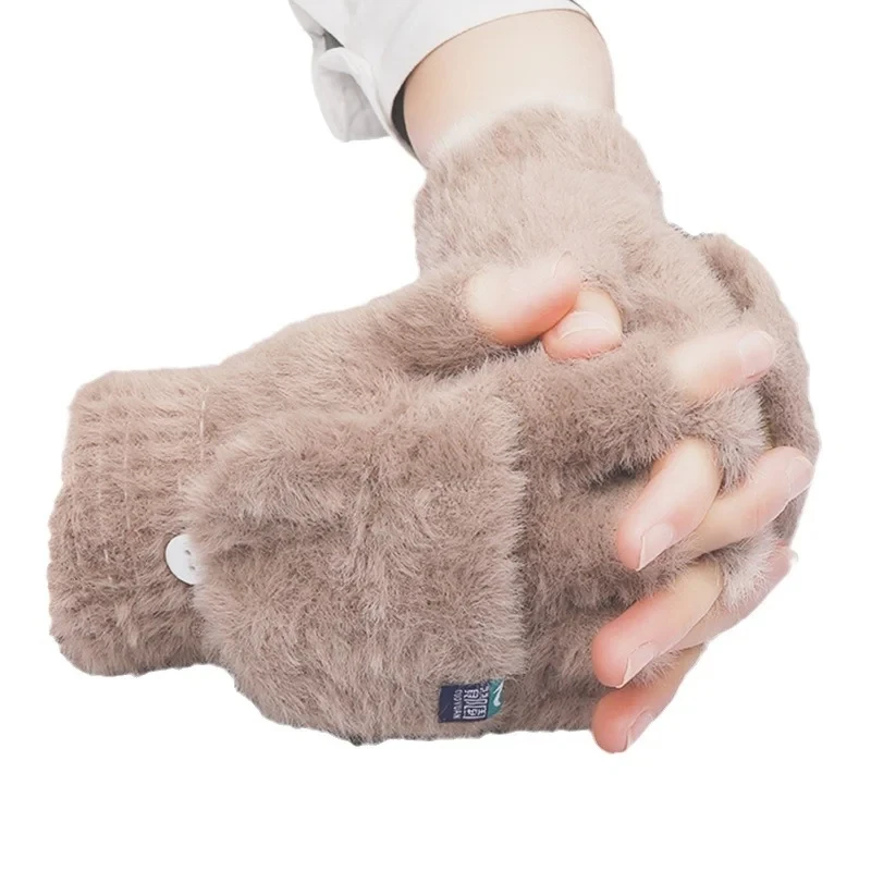 Plush Fingerless Gloves Female Winter Mitten Soft Warm Student Women Flip Gloves Outdoor Write Thickened Cold Protection