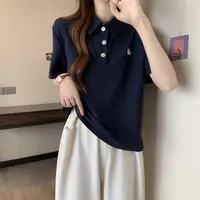 Pink Woman 100℅ Cotton Tshirt Embroidery Polo Neck T Shirt for Women Korean Clothing Y2k Fashion High Quality Youthful Elegant - Image 2